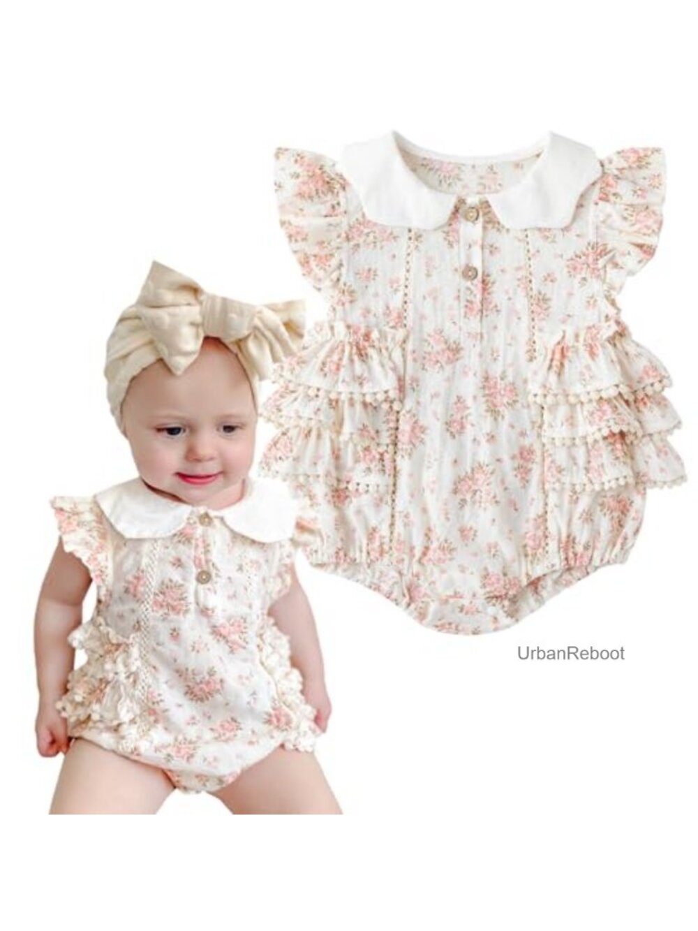 Baby Girl Floral Ruffle Romper Sleeveless Button Cotton Onesie